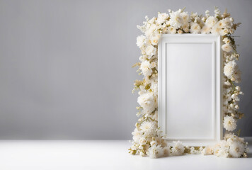 beautiful white picture frame decorated with flowers like floral background with copy space, photorealistic illustration of  wedding mock up presentation 
