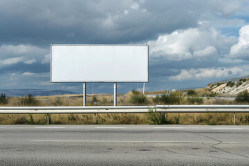 Blank advertising sign on the street with  a meadow in the background