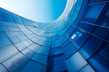 Architectural detail in low-angle shot of a modern, curved glass building
