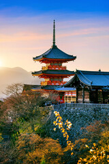 Kiyomizu temple at sunset in Kyoto, Japan.