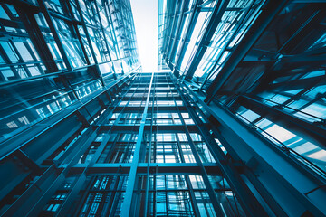 Architectural detail in low-angle shot of a modern glass building