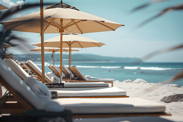 Sunbathers with open parasols on a sunny day at the beach