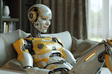 Female android sitting comfortably in a room