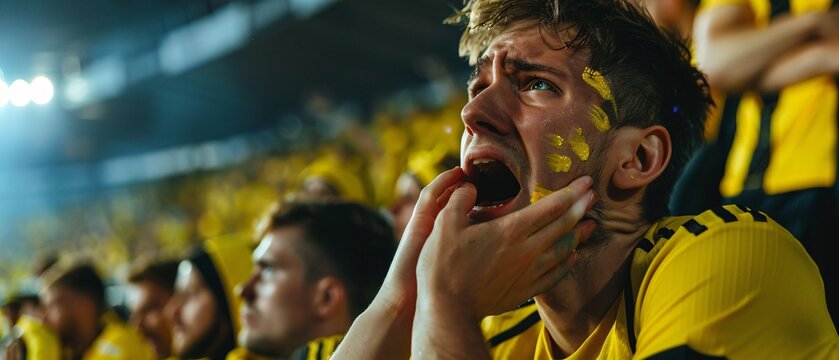 Disappointed football fans react to their team loss in the stadium stands. They looked sad, pensive and crying seeing their team lose in the European football league final. yellow and black team fans