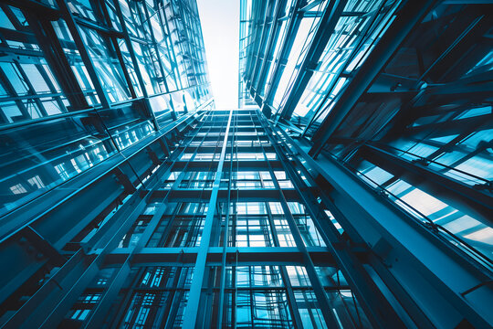Architectural detail in low-angle shot of a modern glass building