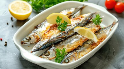 Fried short mackerel fish on white dish. Generative Ai