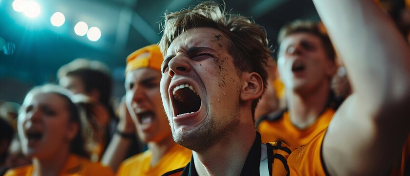 Disappointed football fans react to their team loss in the stadium stands. They looked sad, pensive and crying seeing their team lose in the European football league final. yellow and black team fans