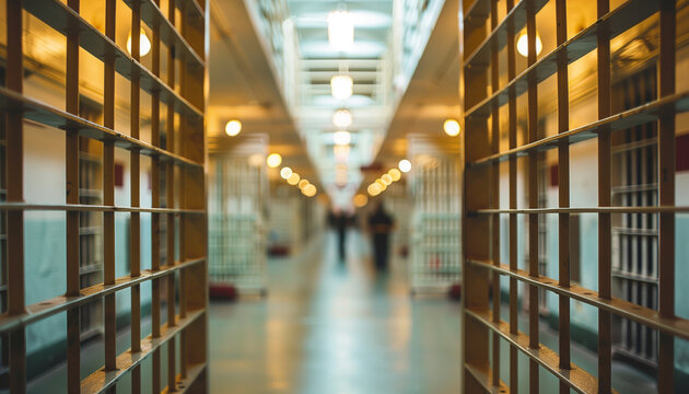 a  of a prison cellblock corridor with barred doors and overhead lighting, featuring a blurred background of inmates and guards, Prison, Indoors, Interior, Fence, blu