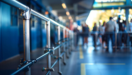 a close-up image of a prison's visitor entrance with metal detectors and security personnel, while the blurred background shows visitors waiting to enter, Prison, Building Exterior