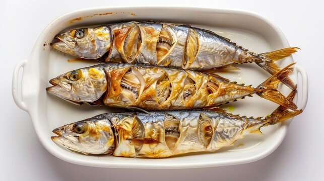 Fried short mackerel fish on white dish. Generative Ai