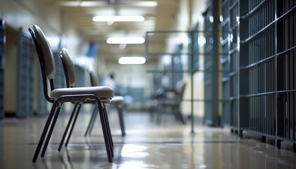 a  of a prison's visitation room with chairs and partitions, featuring a blurred background of inmates meeting with visitors, Prison, Indoors, Interior, Fence, blurre