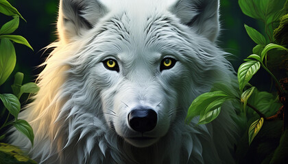 White Wolf face with high details in green leaves 