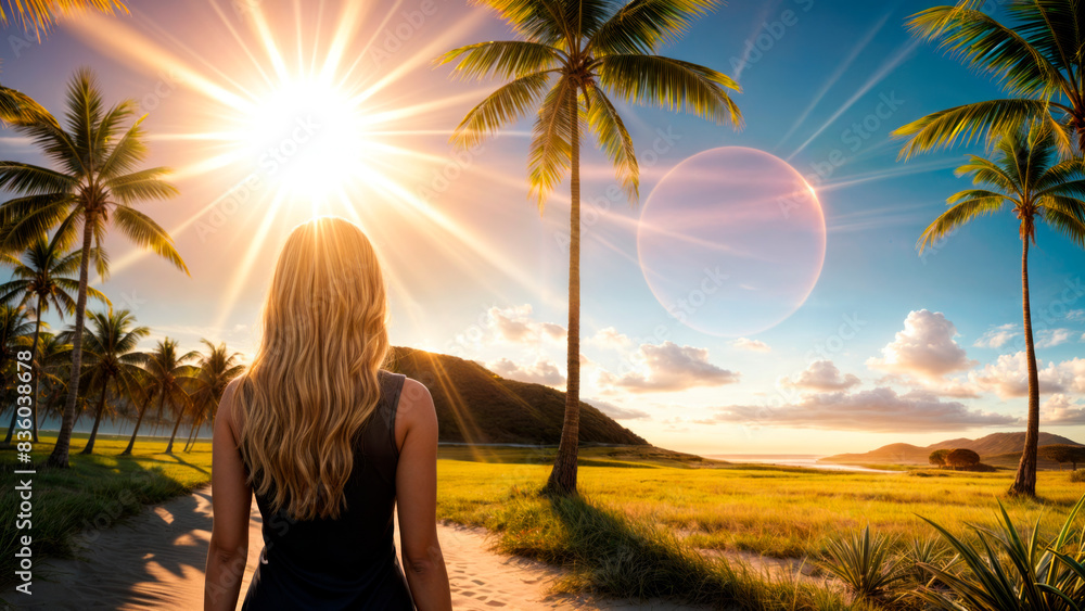 Sticker Woman on the background of a tropical landscape