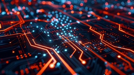 Obraz premium Futuristic Tech Landscape with Glowing Digital Circuit Patterns