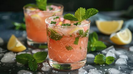 Homemade refreshing strawberry lemonade in glasses and jug with fresh strawberries and mint leaves. Summer drink,Cold summer drink - strawberry lemonade with mint and ice cubes in glass
 - Powered by Adobe