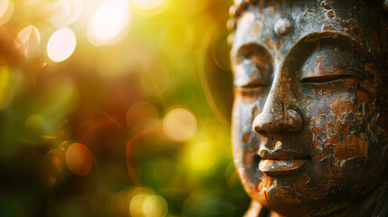 Close-up of an aged buddha statue against a colorful bokeh backdrop
