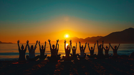 Silhouette of a yoga group practicing at beach sunset
