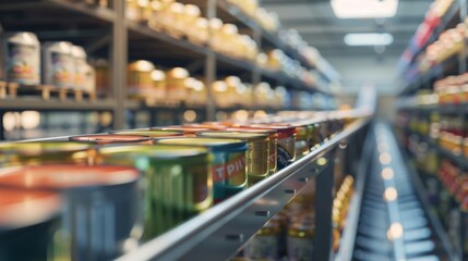 Obraz premium Canned food products on conveyor belt in distribution warehouse, parcels transportation system, equipment, manufacture, factory, industrial, machine, production