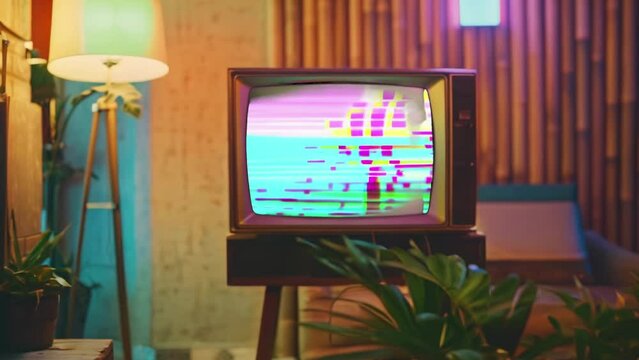 Vintage television set displaying colorful static in retro-styled room. Glitch art tv concept with nostalgic vibe. Visuals relating technology failure. Warm cozy lighting, old-school decor. Past time.