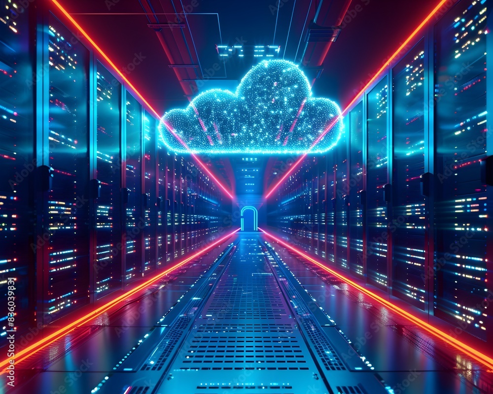 Poster futuristic cloud computing data center simulation showcasing computational power
