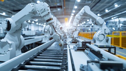 Large Production Line with White Industrial Robot Arms at Modern Bright Factory. Assembled on Conveyor. Automated Manufacturing Facility, automated, technology, factory