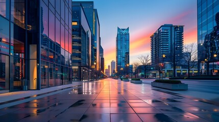 Fototapeta premium Vibrant Urban Cityscape at Dawn with Empty Streets and Illuminated Skyscrapers