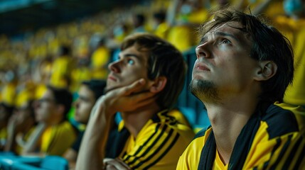Obraz premium Disappointed football fans react to their team loss in the stadium stands. They looked sad, pensive and crying seeing their team lose in the European football league final. yellow and black team fans