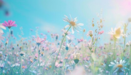 Fototapeta premium Enchanting Wildflower Wonderland: A Vibrant Spring Meadow Under a Blue Sky
