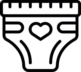 Black line icon of a baby diaper featuring a cute heart symbol, isolated on white background