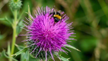 The Buzzing Beauty: A Close-up of a Bee on a Purple Flower