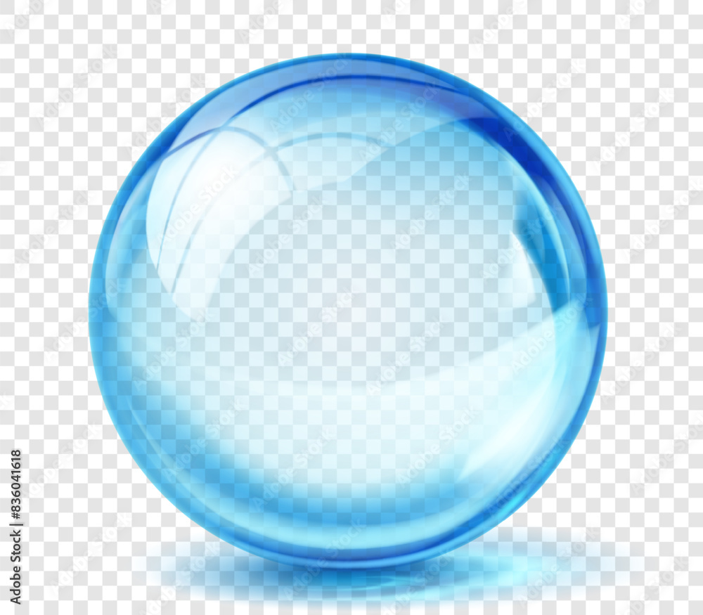 Wall mural large translucent shiny sphere of light blue color with glare and shadow on transparent background. 