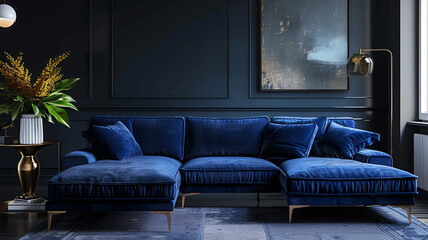 Modern interior design of dark blue color with velvet sofa