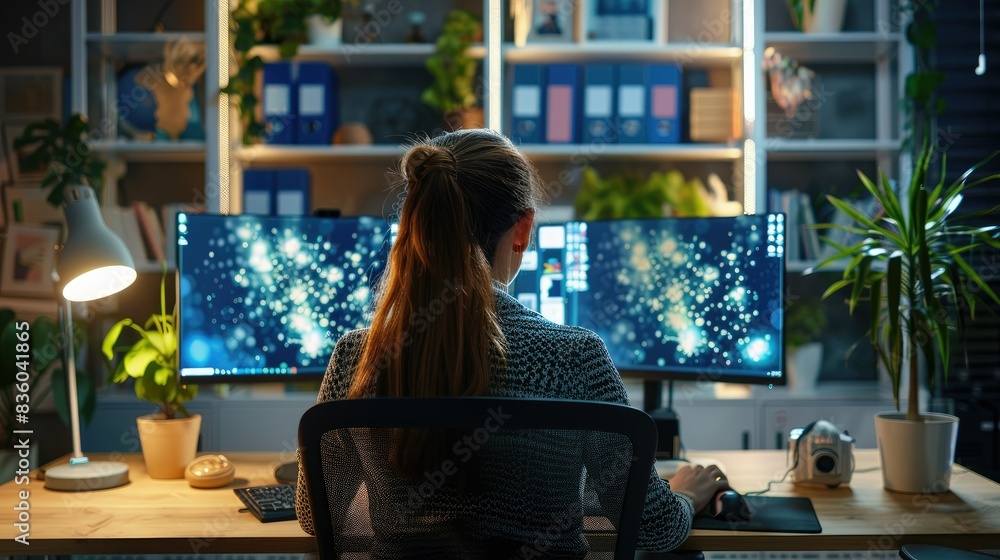 Poster rear view of a woman working on a computer with a dual monitor setup in a modern office.