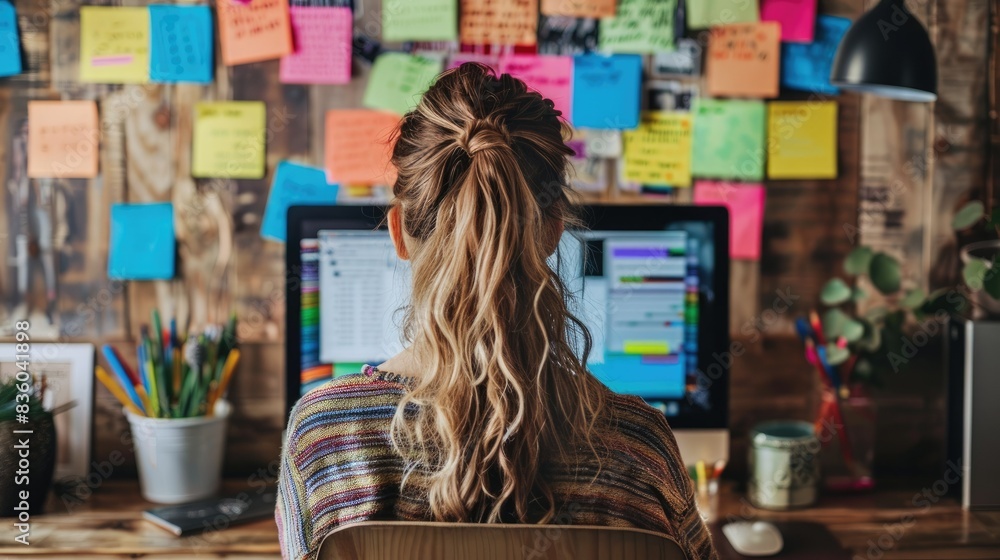 Aufkleber rear view of a woman working on a computer with colorful sticky notes on the wall.