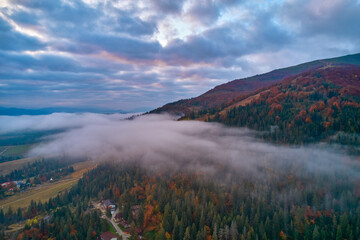 Flight over fog in Ukrainian Carpathians in summer. A thick layer of fog covers the mountains with a continuous carpet. Aerial drone view.