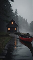 Fototapeta premium Fairy Tale Cottage in Snowy Forest with Glowing Windows. Hyge concept.