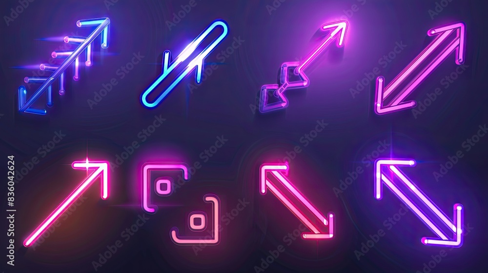Poster set of glowing arrows with a neon light effect, pointing in various directions.