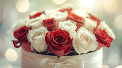 A bouquet of white and red roses with a ribbon