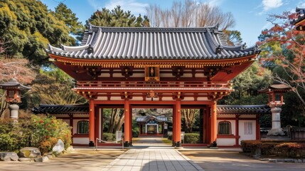 Red Buddhist gate surrounded by green trees