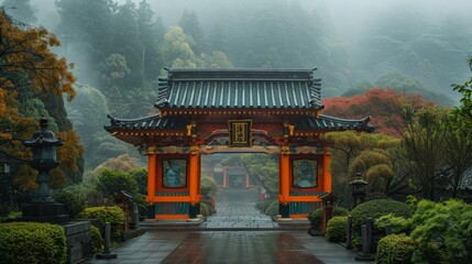 Fototapeta premium Red Buddhist gate surrounded by green trees