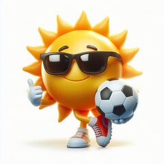 Naklejka premium 3D sun emoji wearing sunglasses holding a soccer ball on a white background