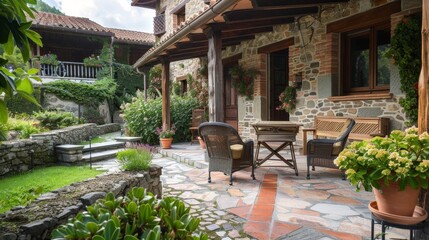 Obraz premium Facade and courtyard of a traditional house whose walls are made of stone
