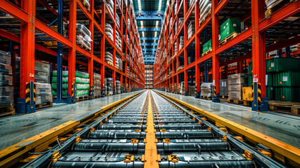 Obraz premium Modern Logistics and Supply Chain Management A Well-Organized Warehouse with Efficient Inventory Storage and Advanced Distribution Systems Showcasing Seamless Operations Wallpaper Digital Art Poster