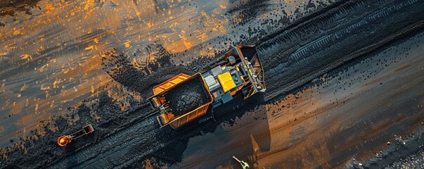 An aerial view of a large yellow tractor working on a road construction site.
