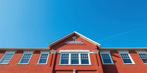 Obraz premium A wide-angle view of a classic brick school building from below with large windows, under a clear blue sky, representing educational institutions and childhood memories.