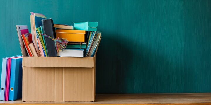 A cardboard box filled with various office supplies such as binders, folders, and notebooks placed on a wooden table, representing organization and moving offices.
