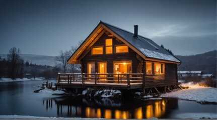 Fototapeta premium Fairy Tale Cottage in Snowy Forest with Glowing Windows. Hyge concept.