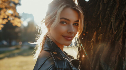Portrait of a smiling young woman by a tree, bathed in warm sunset light