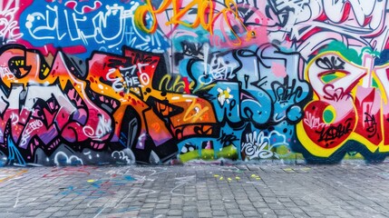 A vibrant urban graffiti wall bursting with colors and expressive designs, capturing the raw energy and creativity of street art.