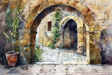 Ancient Stone Arch. Watercolor Illustration of Historic Architecture in Rustic Vignette